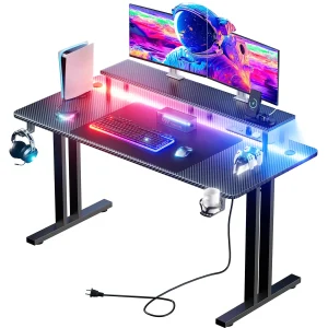 Gaming Desk with LED Lights, USB Port and Monitor Stand