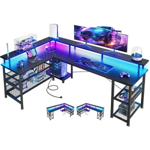 66" L-Shaped Carbon Fiber Texture PC Gaming Desk with Power Outlet and LED Lights